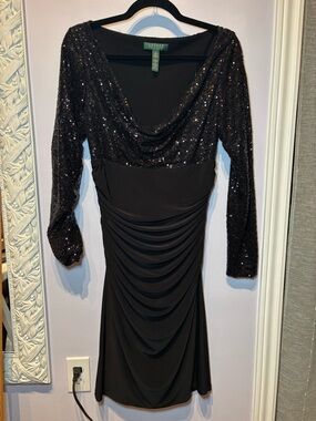 Lauren Ralph Lauren Black Sequin Long-Sleeve Draped Cocktail Dress Size 10